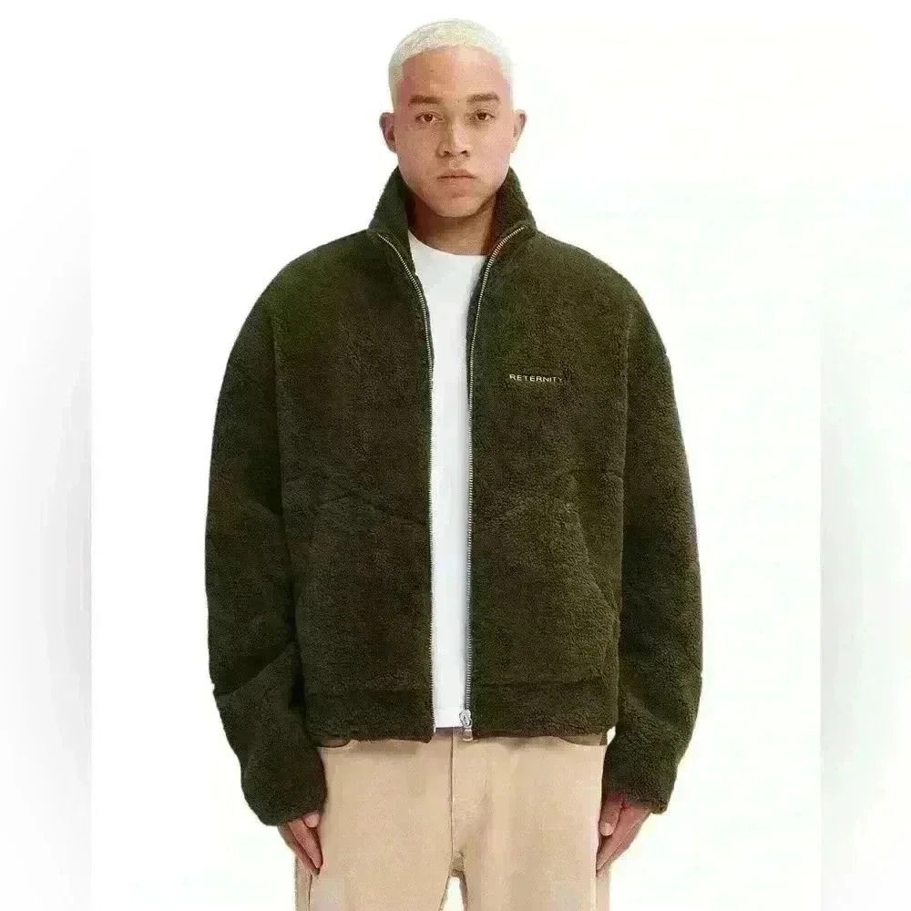 Reternity Deep Pile Jacket S Olive Green Cozy Fleece Standing Collar Pockets NWT